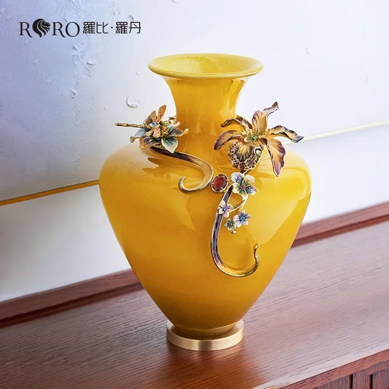 RORO Vases flower modern luxury home decorative lucky year round yellow colored glass fresh dry flower vase for home decoration