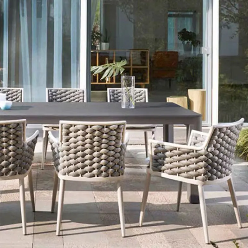 High End Outdoor Leisure Table and Chair Set Waterproof Sunproof Woven Chair Luxury Slate Top Dining Furniture Villa Courtyard