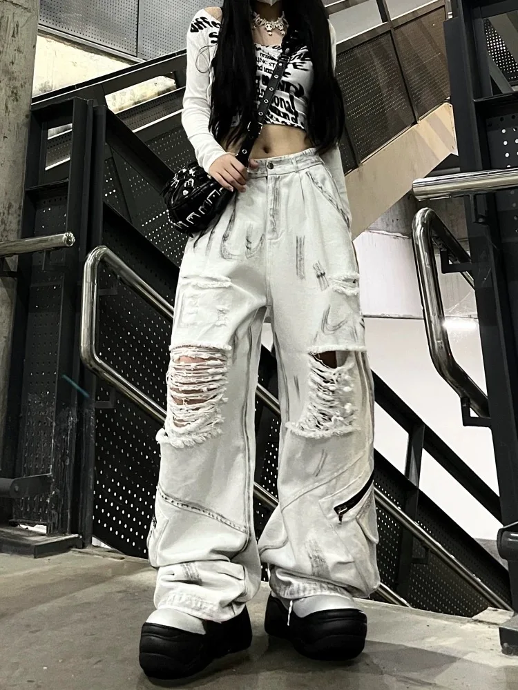 

Jazz Hip-hop Y2K Subculture White Distressed Graffiti Jeans Women's Hip-hop American Style Slimming Loose Wide-leg Cargo Drapey