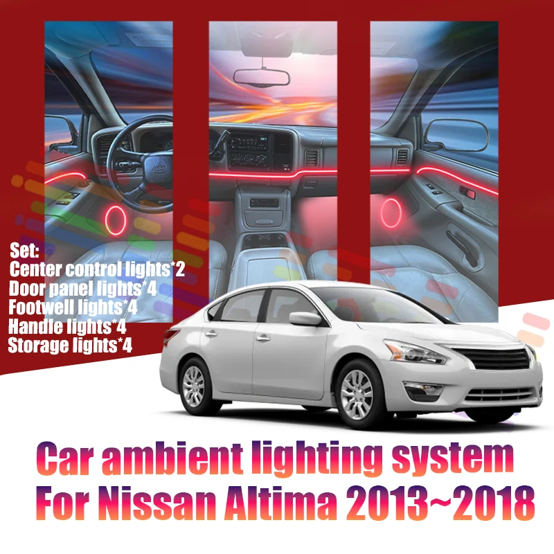 Luces LED Ambientales para Automóvil Nissan Altima 2013~2018 L33 MK5, Luces de Atmósfera Coloridas, Tira de Neón Interior para Automóvil, Iluminación RGB de 64 Colores