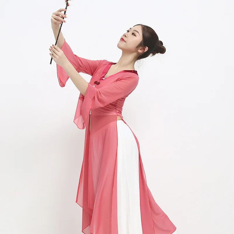 

New classical dance clothes body rhyme gauze clothes solid color tops Chinese dance horn sleeves practice clothes set elegant