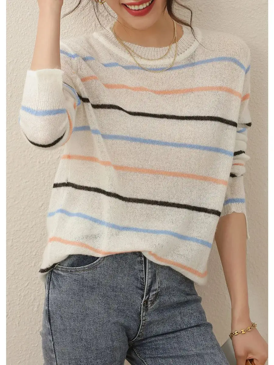 LOUIS YAO Women Sweater Colorful Striped Top Round O Neck Loose Fit Casual Long Sleeve Basic Women\'s Knitwear