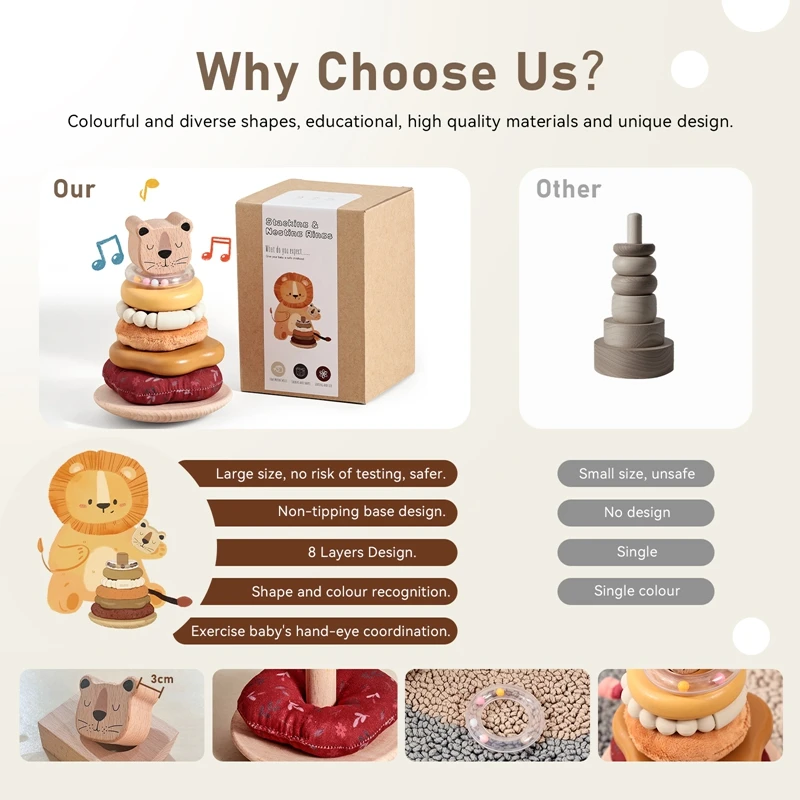 0-12 Months Cotton Rattle Toys For Children Sensory Toy Baby Pole Stacking Toy Wooden Cartoon Lion Montessori Building Game Gift