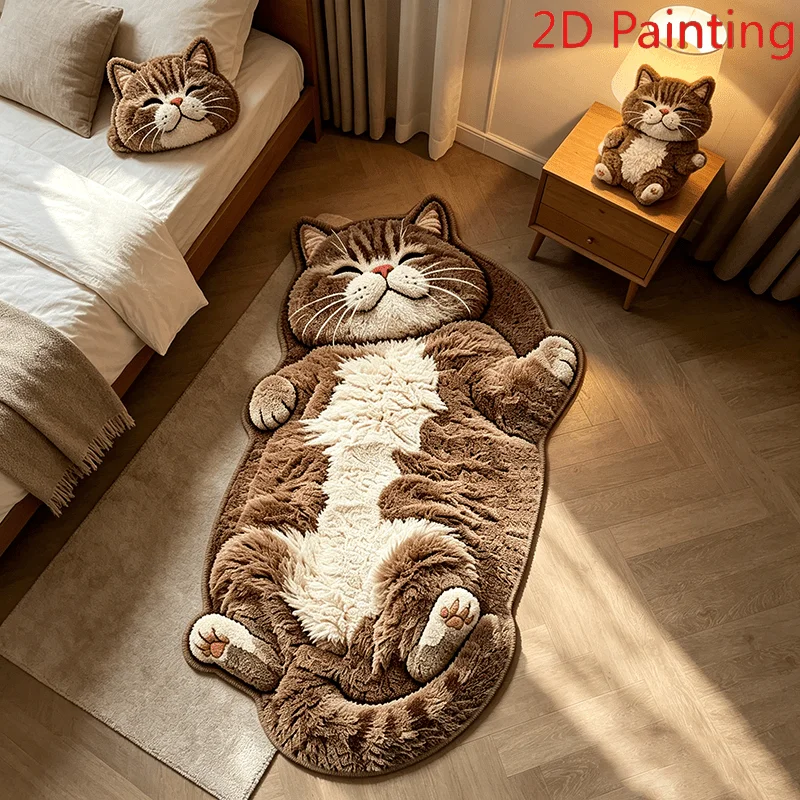 Cute Brown Sleepy Cat-shaped Rug Fun Cartoon Home Decor Bedroom Bedside Plush Floor Mat Carpet for Entrance Kitchen Hallway