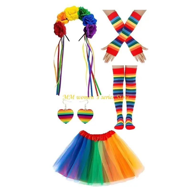 Q39C Costume arcobaleno per donna Gonna tutù arcobaleno Fascia per capelli scaldamuscoli Orecchini a cuore Calzini a righe
