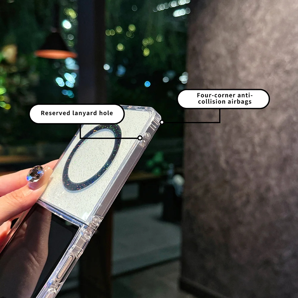 Z Flip7 Custodia magnetica colorata con glitter trasparente per Samsung Galaxy Z Flip 7 ZFlip7 Cover laser antiurto con ricarica wireless