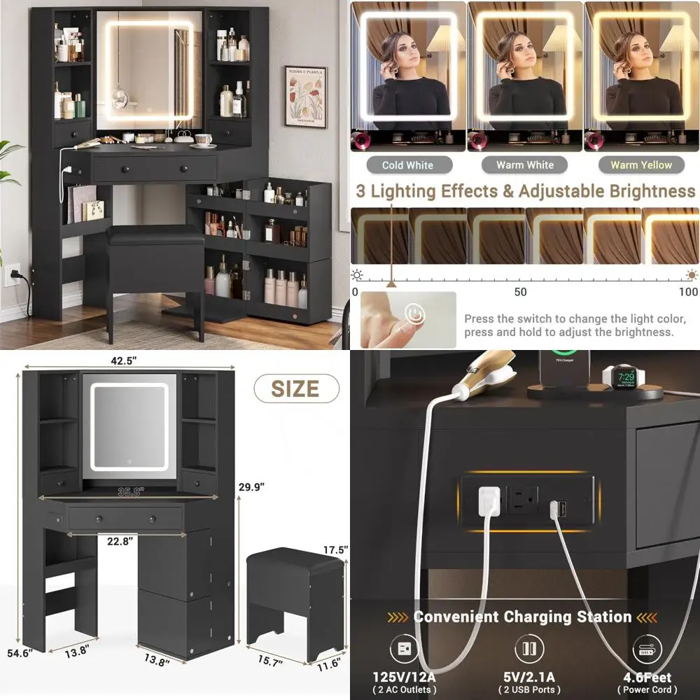 مكتب زينة زاوية BTHFST مع مرآة مضاءة، زينة مكياج مع أضواء ومحطة شحن، مجموعة زينة مع مرآة وتخزين #1