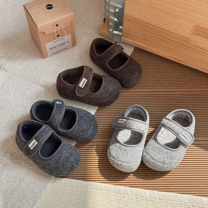 Kids Felt Mary Jane Shoes Winter Warm Toddler Girls Flat Shoes Single Strap Hook and Loop Soft Sole Non Slip Walking Shoes