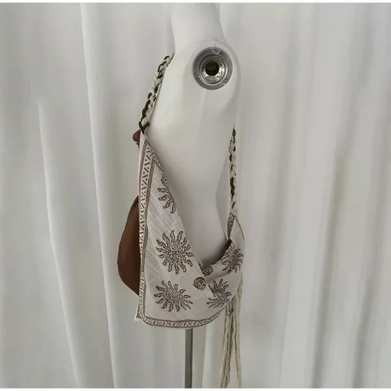 Bohemian Triangle Crossbody Bag Women Handwoven Strap Tassel Shoulder Bag Linen Print Handbag Ethnic Style Messenger Bag view 6