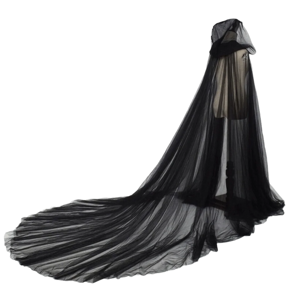 Gothic Solid Color Halloween Hooded Tulle Cape Floor Length Long Mesh Cloak Polyester Sheer Cosplay Bridal Costume Photoshoot