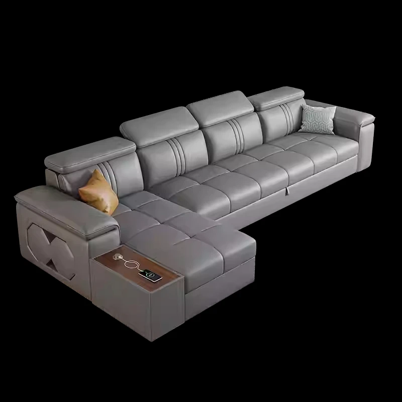 Leather sofa bed, dual-use, foldable living room, multifunctional storage, expandable small unit, straight row