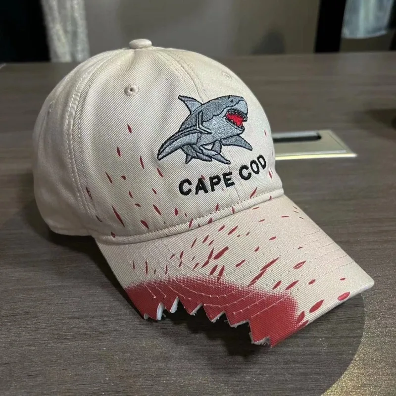 Cappellino da Baseball con Ricamo Squalo, Effetto Invecchiato, Trendy Streetwear, Protezione Solare, Traspirante, Leggero, Unico