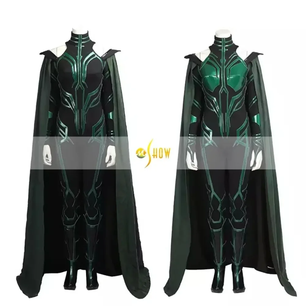 

Hela Cosplay Costume Adult Women Green Hela Jumpsuit Bodysuit with Cloak Cosplay for Halloween Outfits