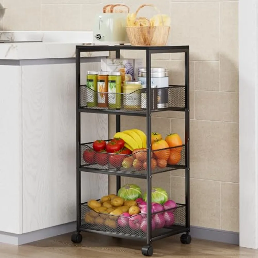 

Fruit Basket Kitchen Cart - 4-Tier Rolling Storage Cart with Wheels Fruit Vegetable Basket with Wood Top Pantry Utility Kitchen
