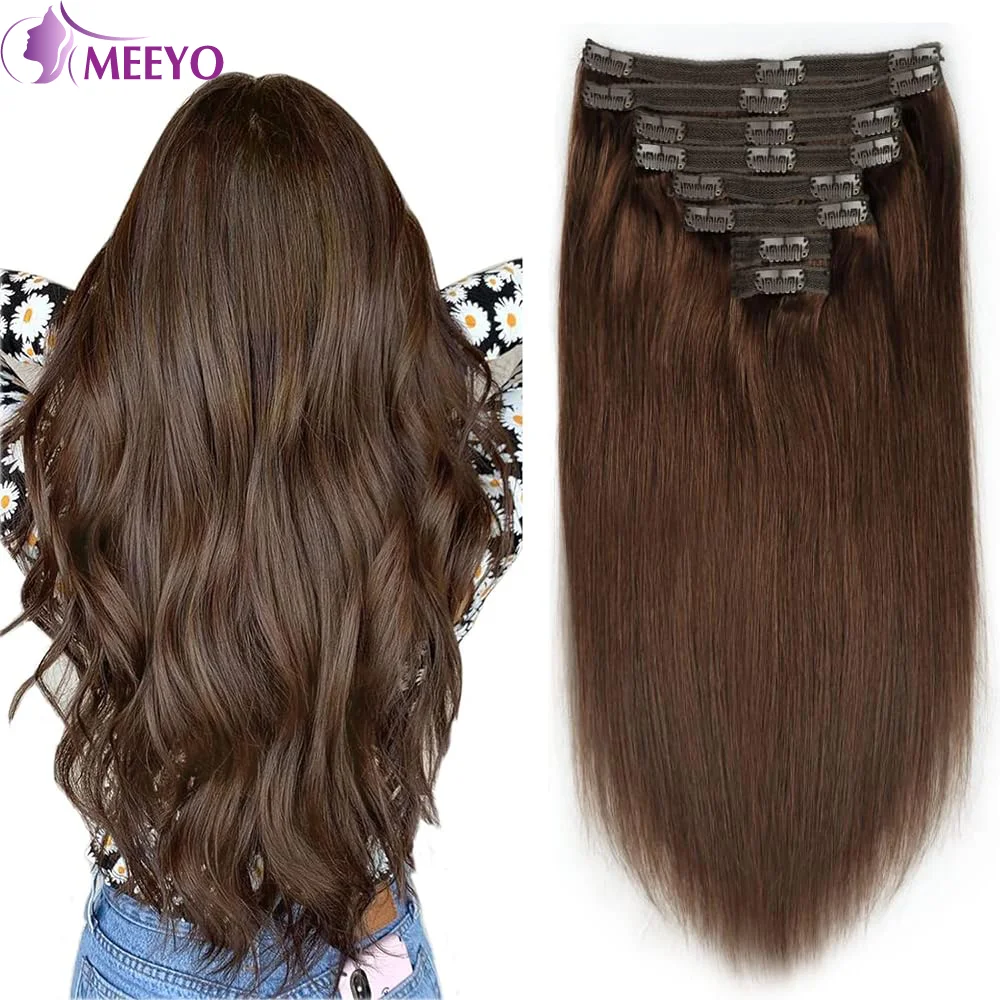 Clip In Haarverlenging Menselijk Haar #4 Bruin Menselijk Haar Dubbele Inslagclip In Rechte Verlenging 16-20 Inch 8 Stks/set 120G Voor Vrouwen