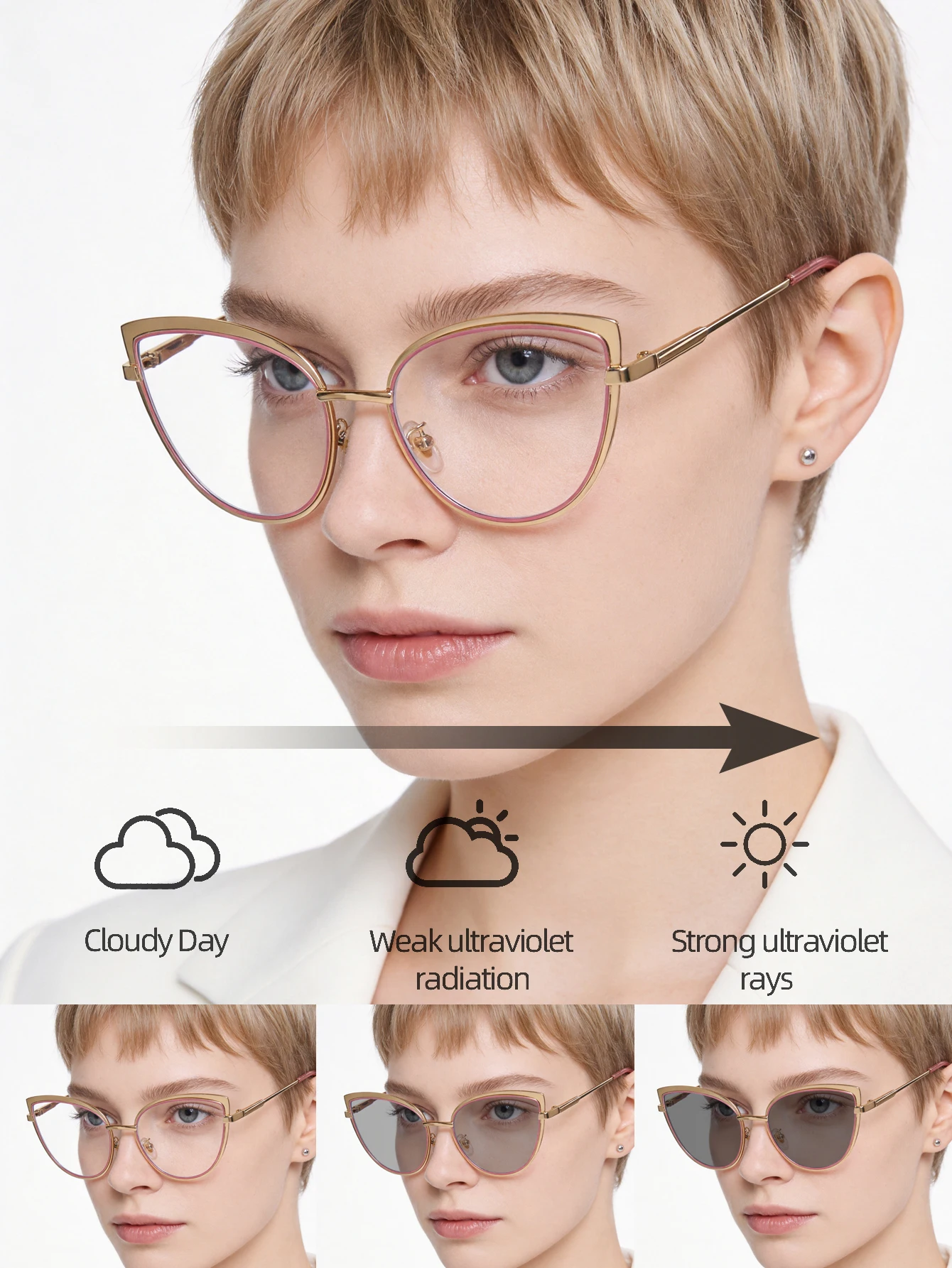 Women'S Fashion Glasses Non Prescription - Damskie fotochromowe okulary kocie oczy, metalowa