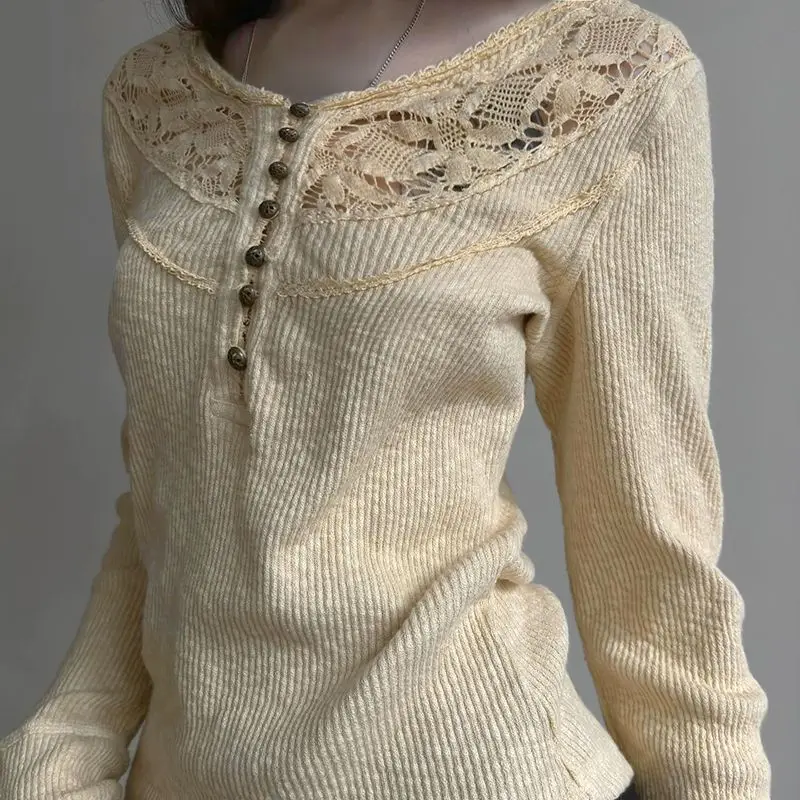 

French Lace New Slim Fit Patchwork Slimming Button Top Slim Fit Long Sleeved Knitted Sweater for Women