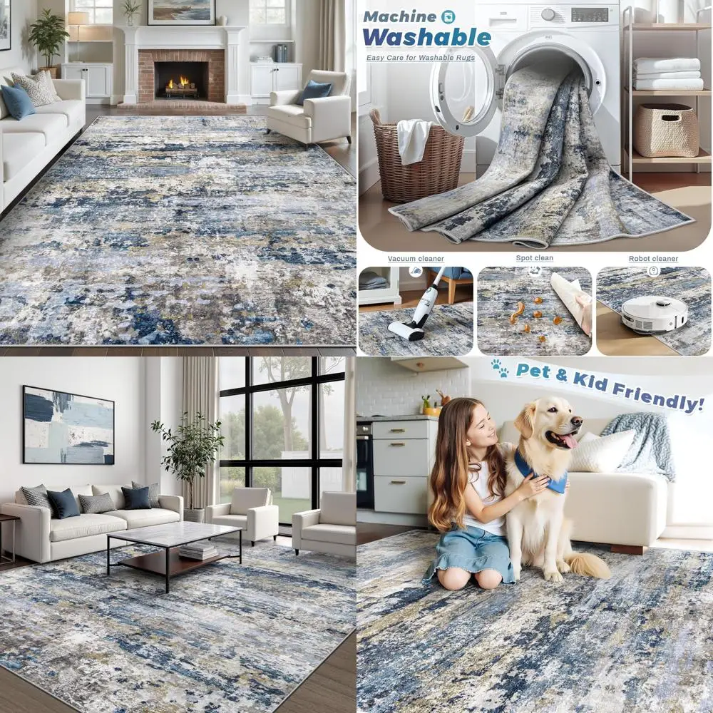 

8x10 Washable Modern Abstract Neutral Area Rug - Soft, Non-Slip, Low-Pile Indoor Carpet for Living Room and Bedroom