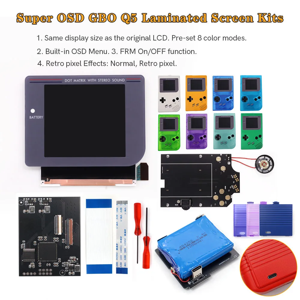 OSD Menu 3.1 '' Laminated IPS Backlight LCD FRM Screen Kit+Pre-cut Shell W/Rechargeable Battery&Speaker For Game Boy DMG Classic