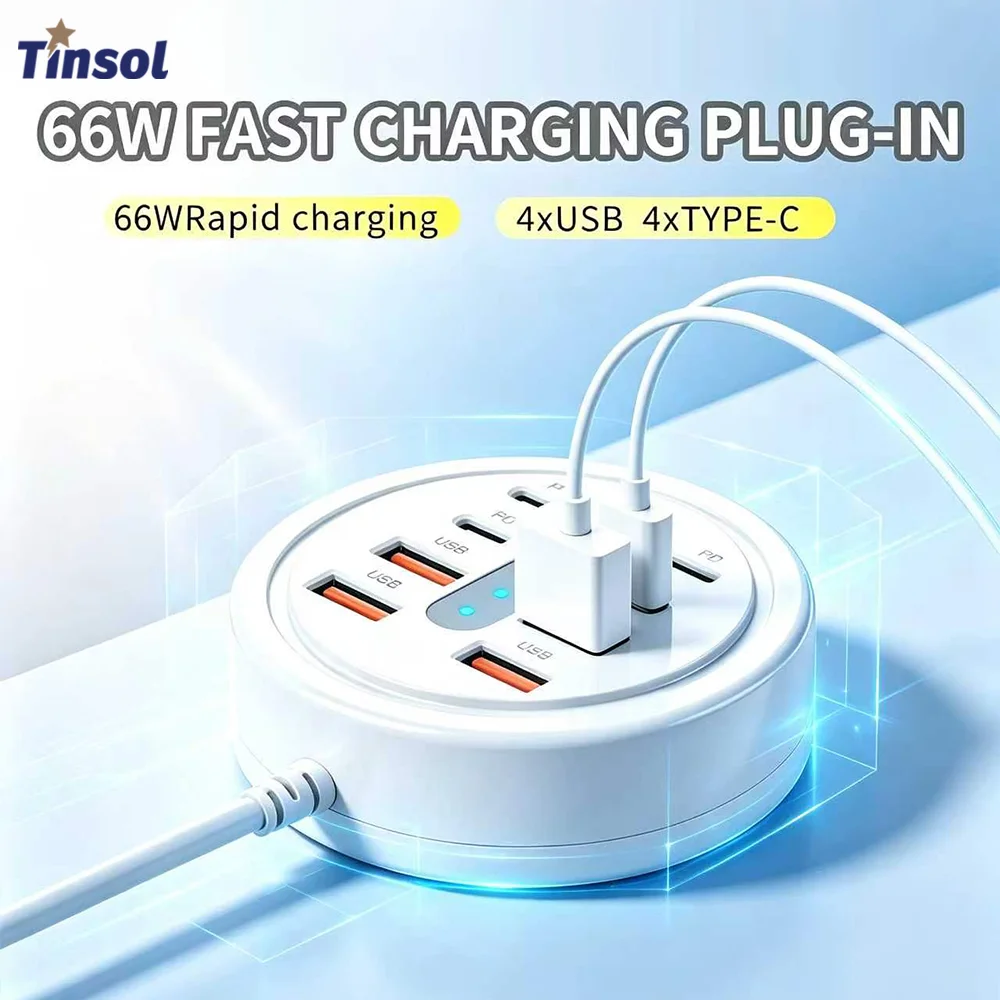 TINSOL 66W High-Speed Charging Socket 8-in-1 Portable Multi-Port Dock USB Type-C Fast Charging Phone Adapter Power Strip