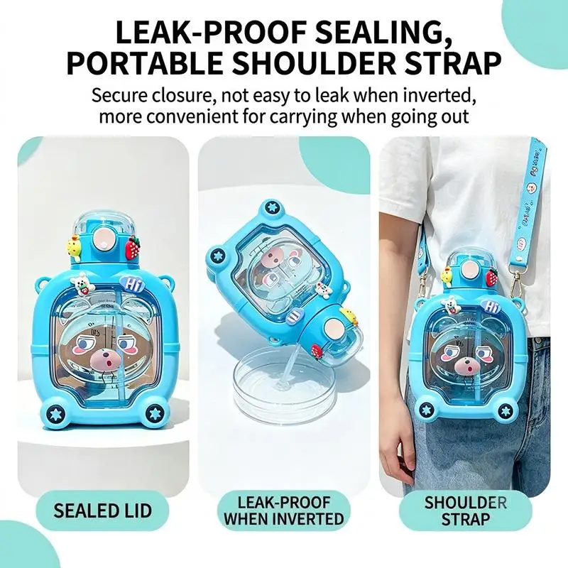 1Pcs Large Capacity Cute Bear Kids Straw Water Bottle Drop Resistant Design For School Outdoor Daily Use