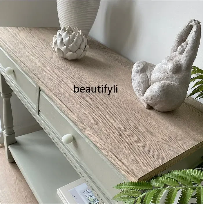 

D96 Y zqNordic French Fashion Simple Entrance Cabinet Console Vintage Distressed Oak Wood Carved Export