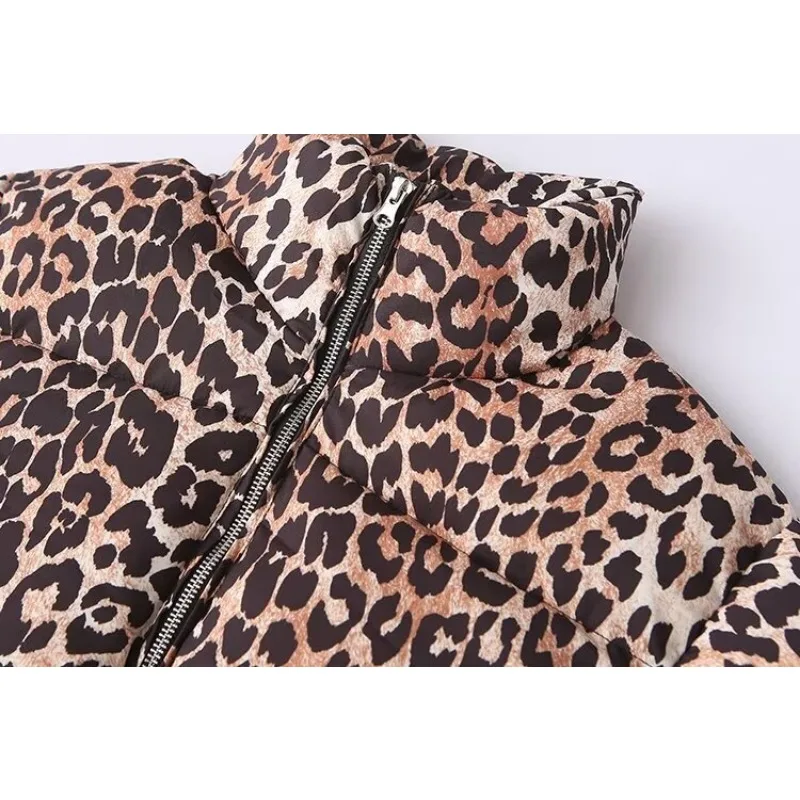 TRAF ZR-Parka de neve acolchoada com estampa de leopardo feminino, parkas de inverno, elegante, luxuoso casaco feminino, American Retro Warm Parkas