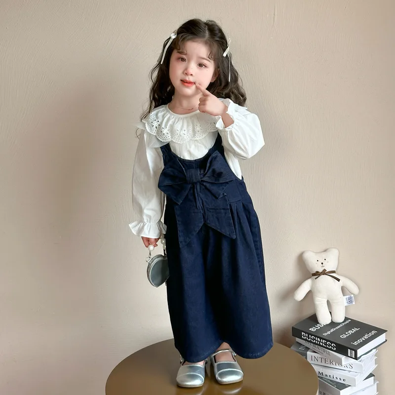 

Children's Suit2025Spring New Doll Collar Shirt Stylish Denim Skirt Baby Girl Long Sleeve Two-Piece Set