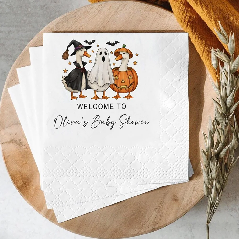 

Custom Halloween Baby Shower Napkin Spooky Duck Party Napkin A Little Boo Is Almost Due Birthday Cocktail Luncheon Dinner