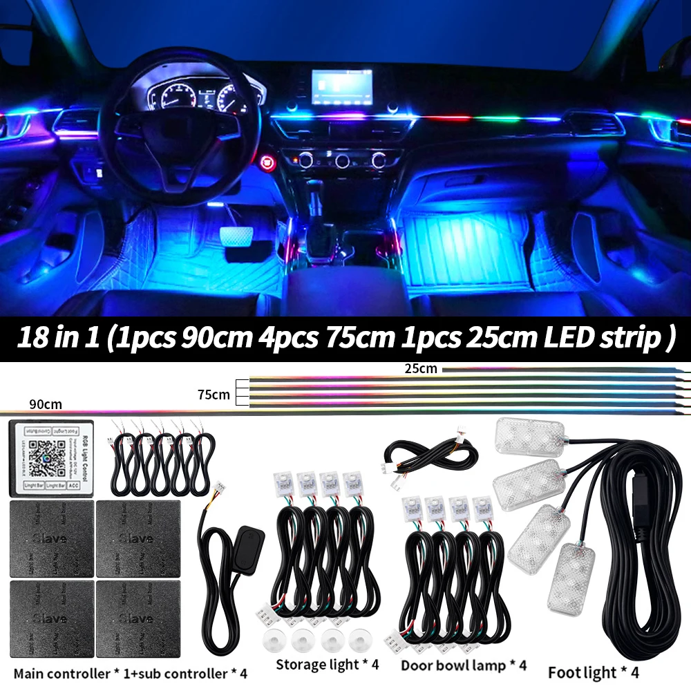 6/10/14/18 in 1 Led Car Ambient Lights RGB 213 64 Color Acrylic Strips Symphony Streamer Interior Atmosphere Lamp Control By App image 3