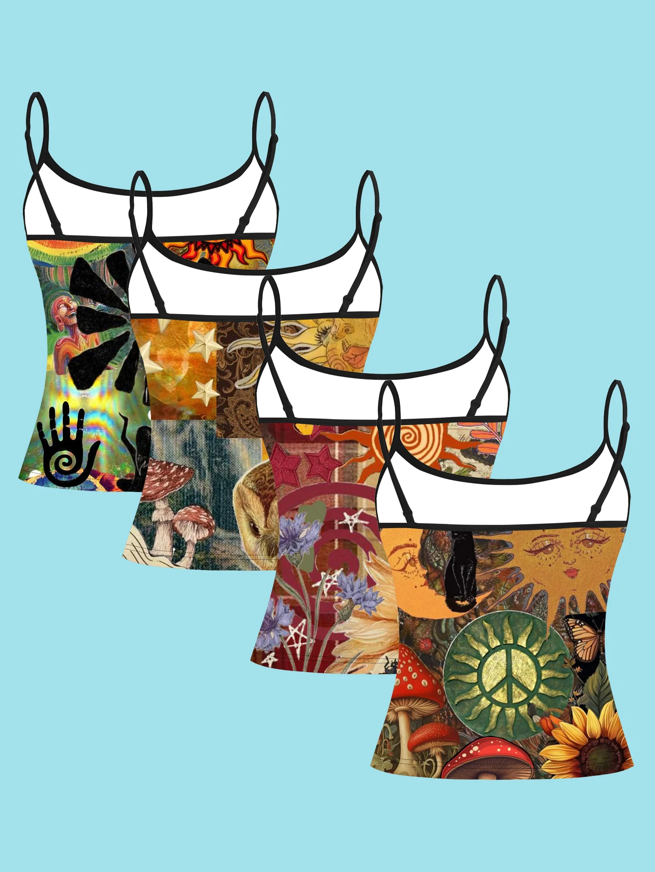 4-Piece Set of Vintage Hippie Style Mushroom Sun Collage Print Camisole for Women, Sunflower Butterfly Peace Symbol Art Slim-Fit Spaghetti Strap Top