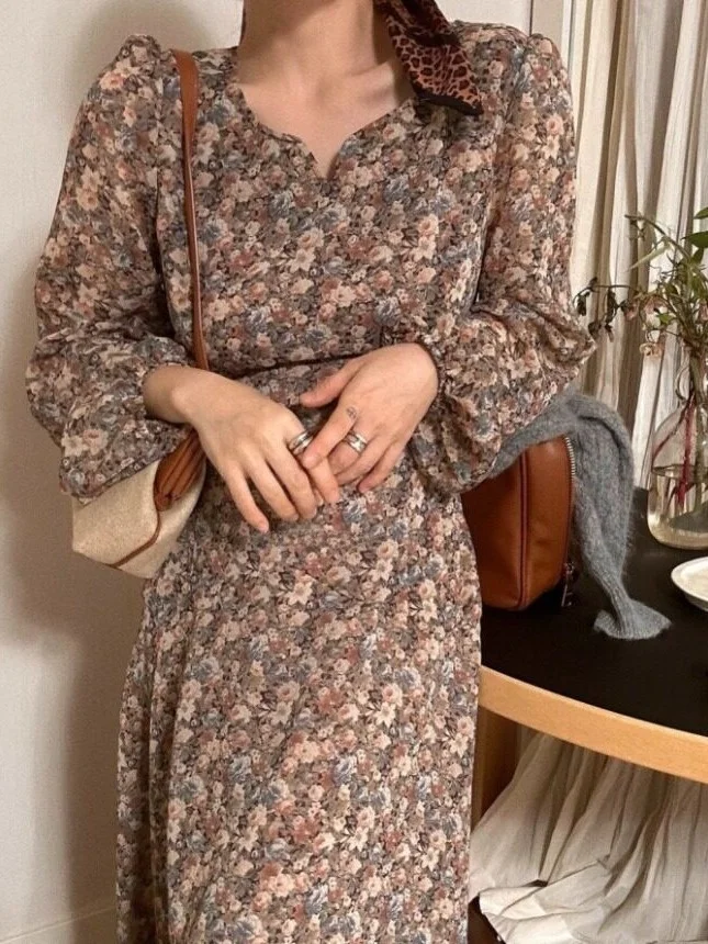 Sweet Floral Print  Dress Korean Style Spring Summer Autumn Winter Women's Clothing Chic Dongdaemun Retro Oil Painting Style