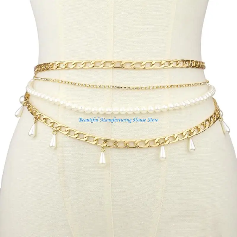E56A Multi Layer Imitation Pearls Body Chain Gold Silver Adjustable Waist Accessory