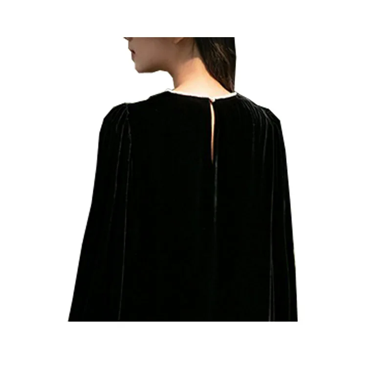 Mulberry InjVelvet Robe à col rond à manches longues, bord en dentelle, vintage, tempérament élégant, noir, vêtements haut de gamme, printemps, automne