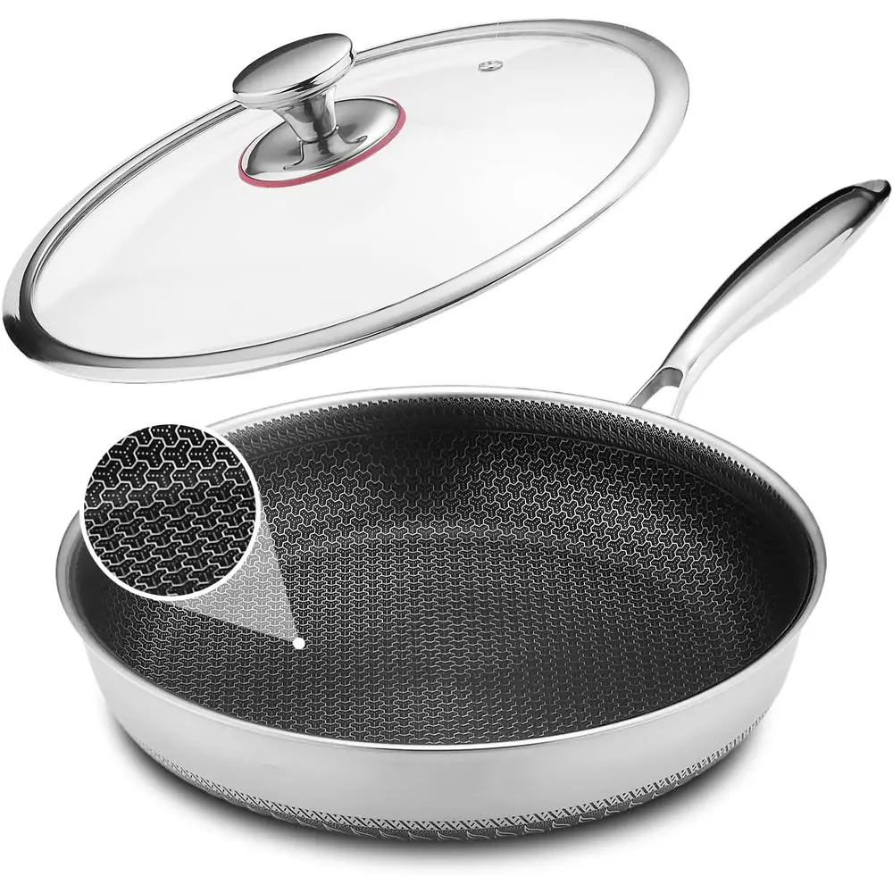 

Сковорода с антипригарным покрытием и крышкой, 12 дюймов, из нержавеющей стали, кухонная посуда, нетоксичная, совместима с индукционными плитами