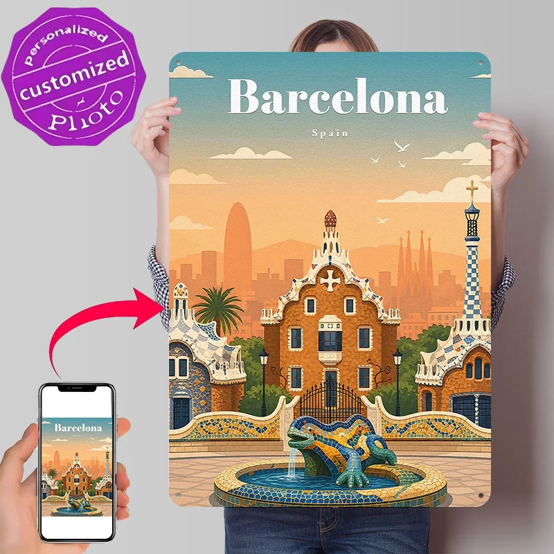 Barcelona Travel 3D Printed Texture Poster Personalized Wall Art Retro Metal Tin Signs for Decor Room Bar Accessories Wand Deko