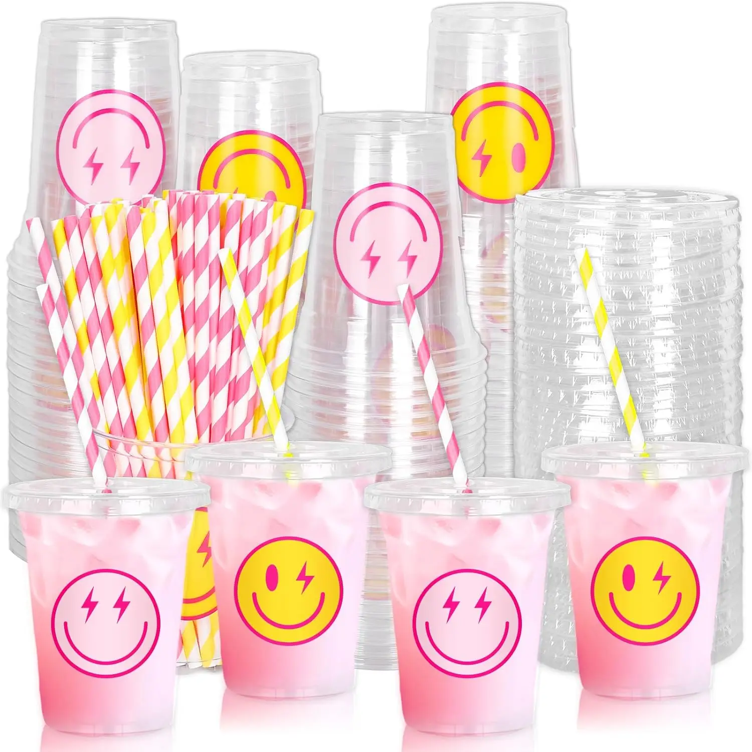 

50Pcs Preppy Smile Face Disposable Plastic Cups with Lids and Straws 12Oz Pink Yellow Lightning Smile Cold Beverage Drin