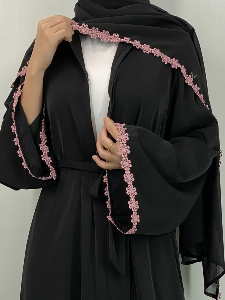 Elegant Dubai Abaya for Women With Matching Hijab Long Dress Lace Embroidery Decor Waist Pockets Islamic Modest Muslim Robe