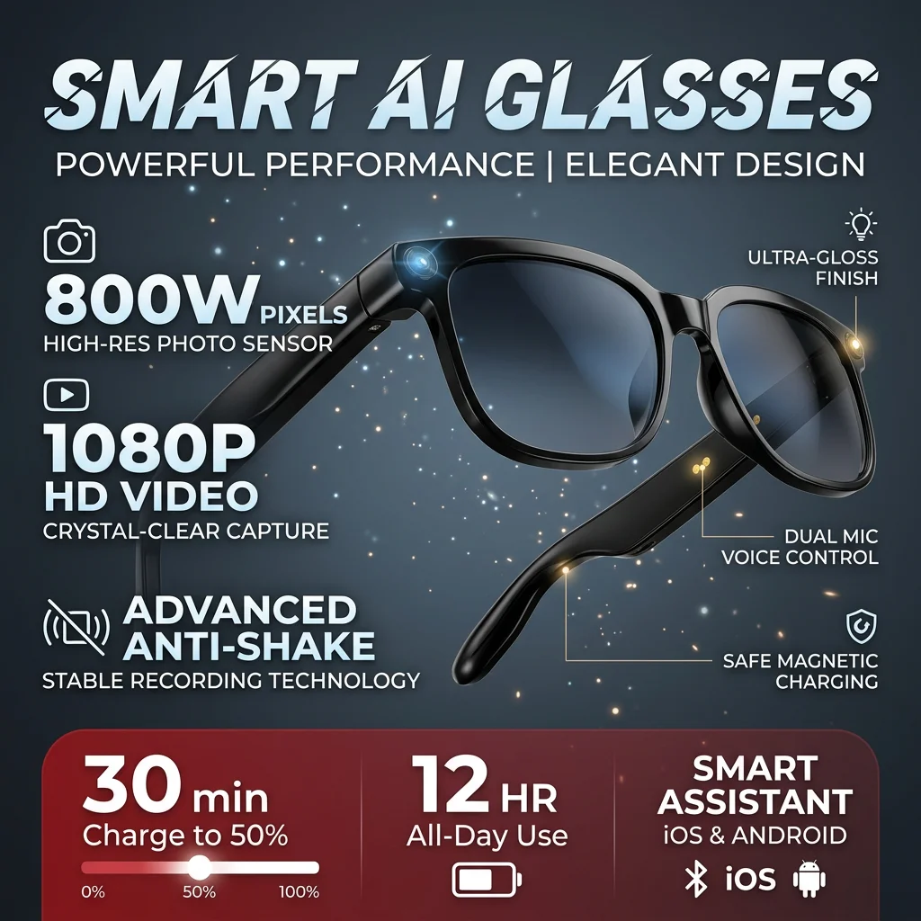 

Smart AI Glasses 1080P HD Camera 8MP Video Recording Bluetooth 5.4 ENC Calls Wireless Audio Sunglasses Outdoor Vlog Wearables
