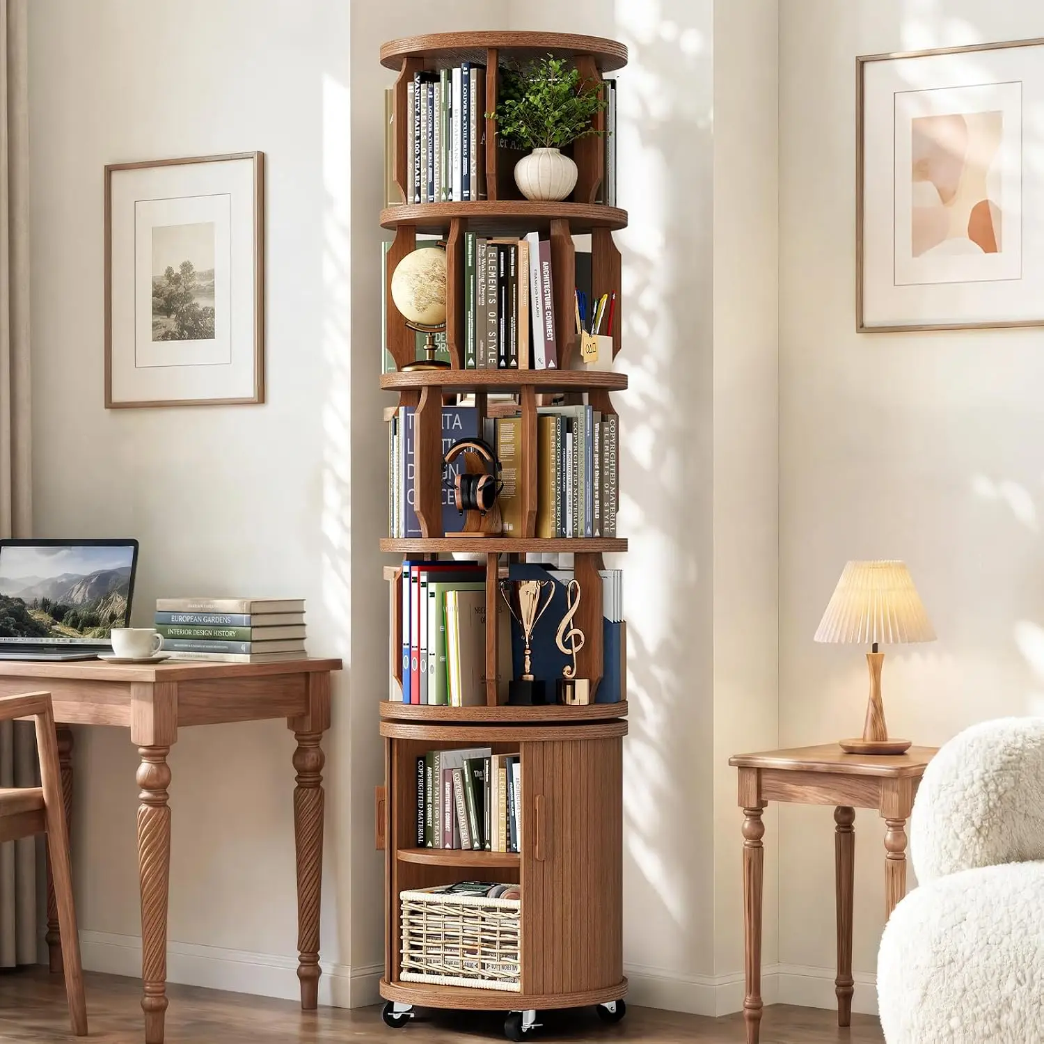 6 Tier Rotating Bookshelf with Doors Solid Wood Revolving Storage Cabinet Home Office Library Furniture, Customized