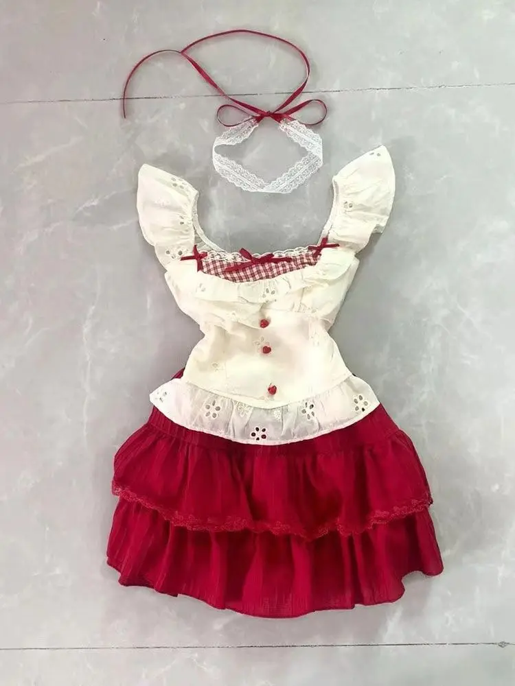 

2025 Harajuku Fashion Sweet Outfit Women Plaid Patchwork Tops + Red Cake Skirt New Summer Japanese Fashion Cute Slim 2 Piece Set