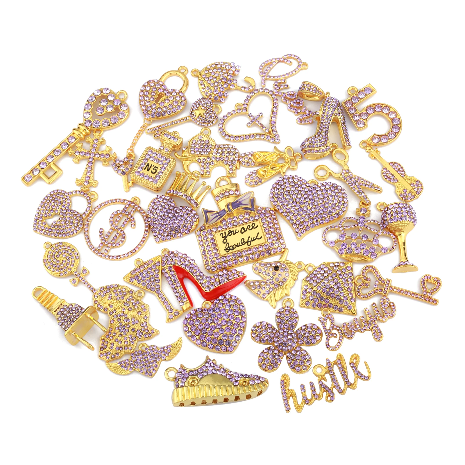35pcs Colorful Rhinestone Gold Plated Mixed Girl Charms Picked at Random Fit for Women\'s DIY Jewelry Accessories