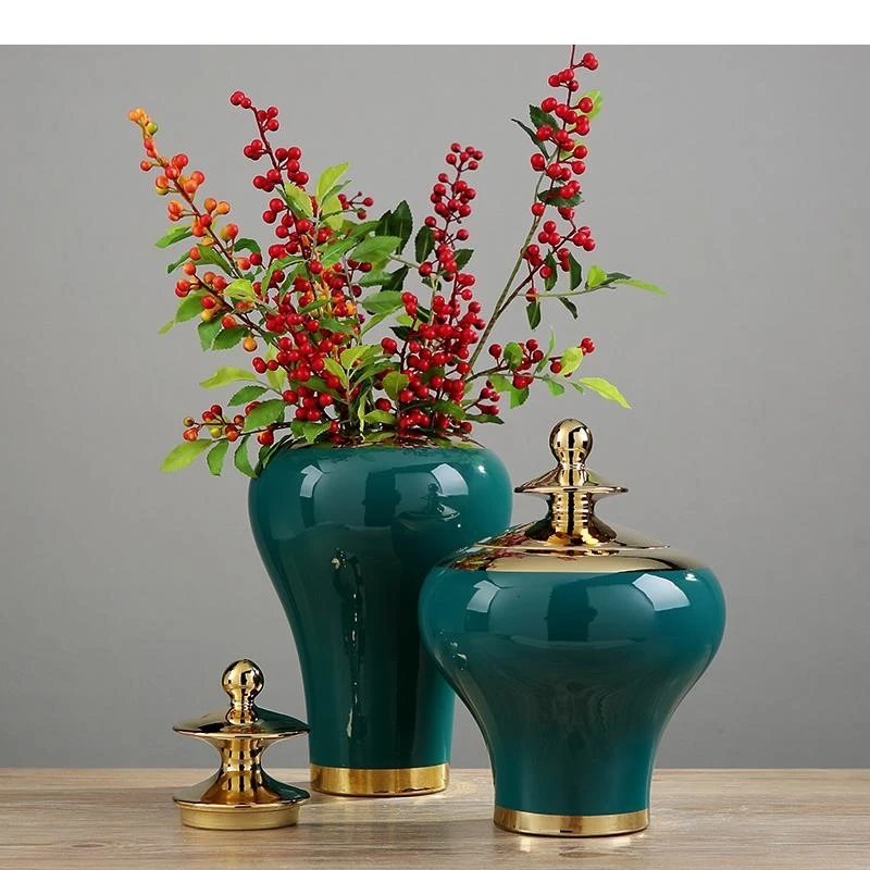 Chinese Dark Green Ceramic General Jar Dried Flower Vase Arrangement Coffee Bean Candy Tea Storage Bottle Home Decoration