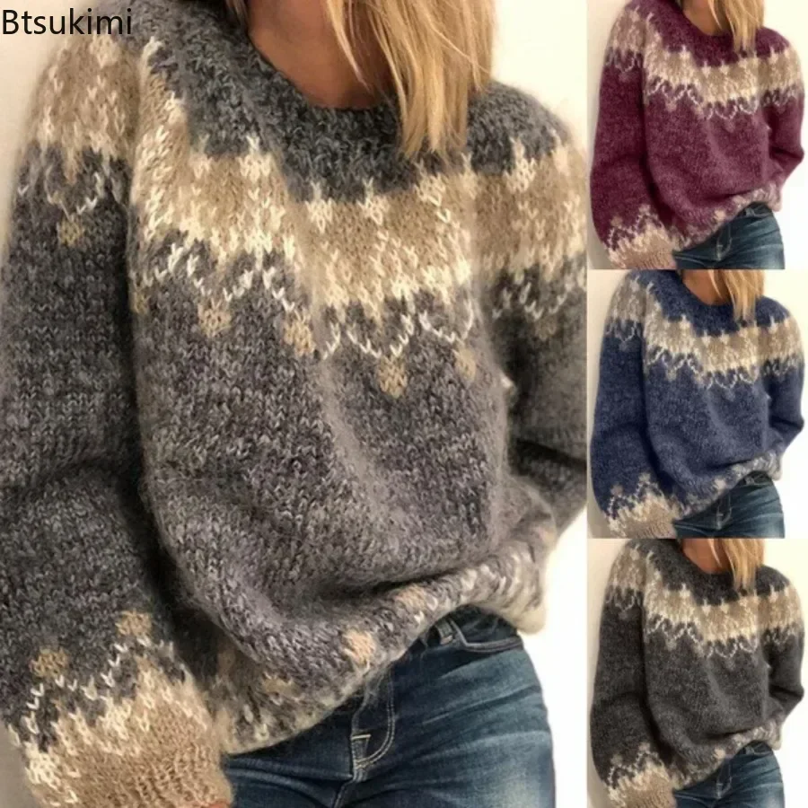 

2025 Autumn Winter Knitted Jacquard Sweaters for Women Cozy Soft Mohair Long Sleeve O-neck Pullovers Ladies Warm Sweater Jumpers