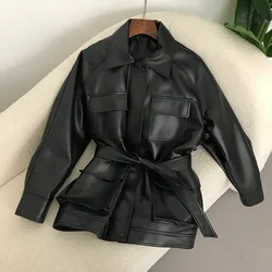 2024 Autumn New Pu Leather Jacket Women Vintage Spring Loose Tooling Strap Mid-length Leather Coat Female Biker Jacket