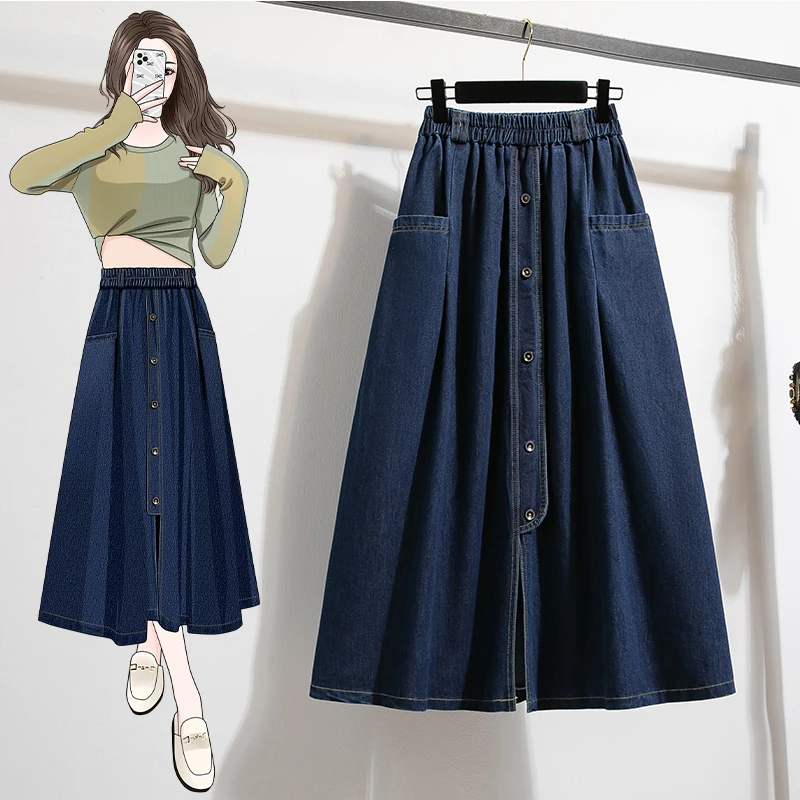 

Винтажная джинсовая юбка-миди больших размеров, женская весенне-осенняя свободная талия, закрывающая живот, утягивающая юбка, женская юбка-зонтик