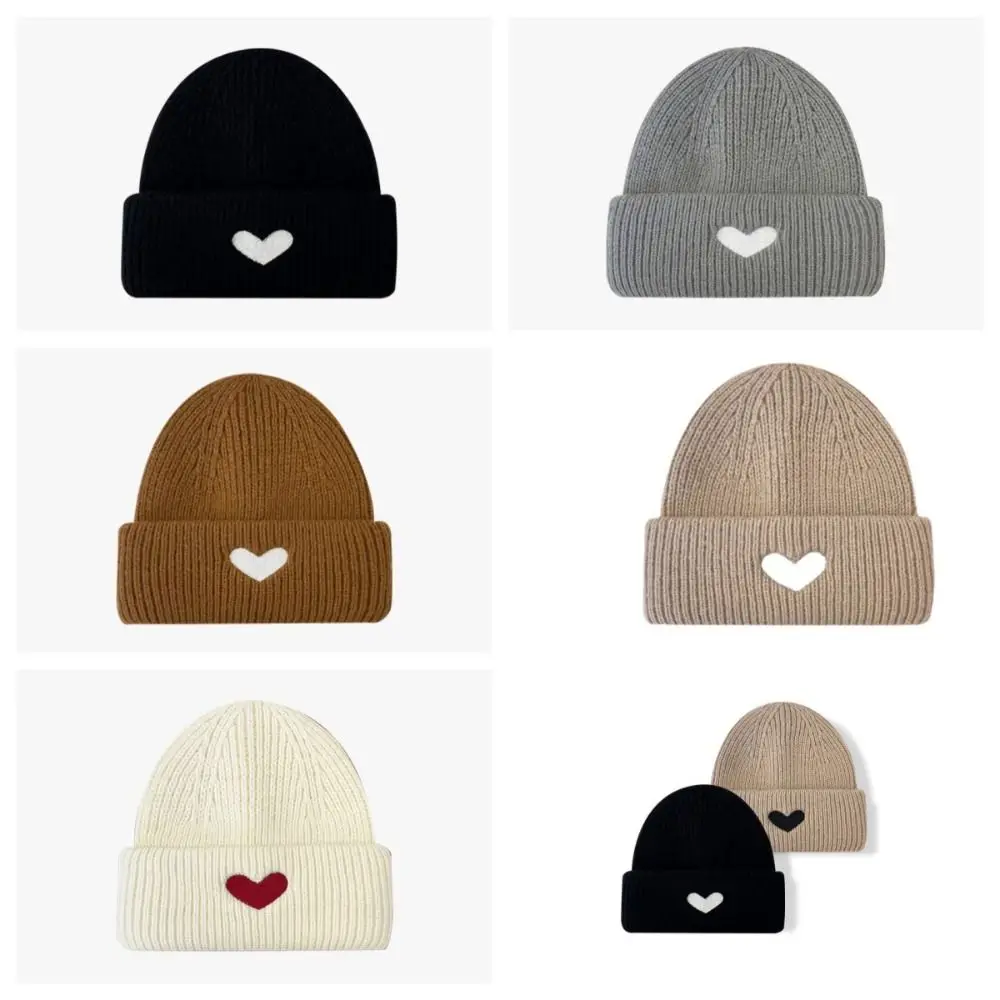 Woolen Love Skullies Beanies Winter Ins Style Embroidery Heart Knitted Hat Solid Color Crochet Bonnet Female