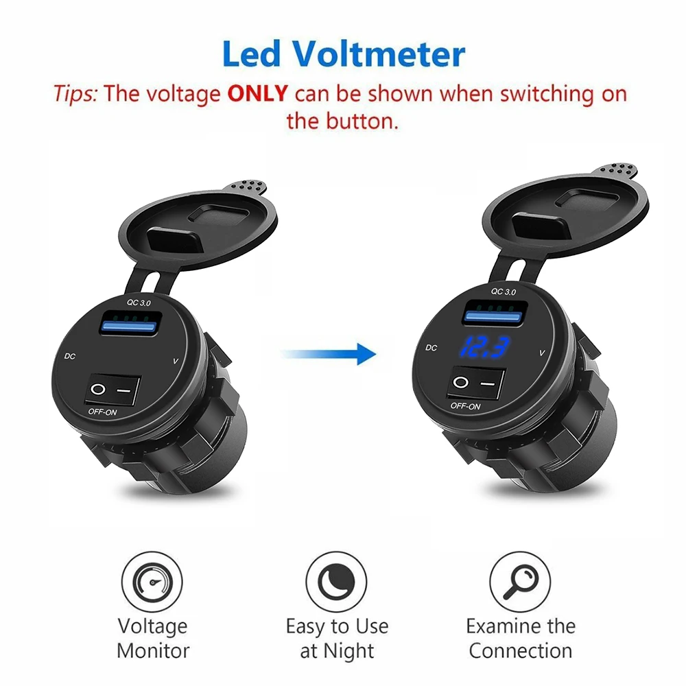 18W Quick Charge 3.0 USB Car Phone Charger Socket Digital Display Voltmeter with ON OFF Switch for 12V 24V Car Motorcycle ATV