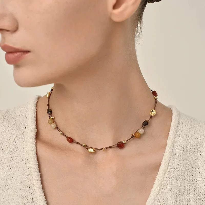 Idol Star's Same Style Natural Stone Weave Necklace Light Luxury, Fashion Retro, Niche Design, Jungle Mori Style Clavicle Chain