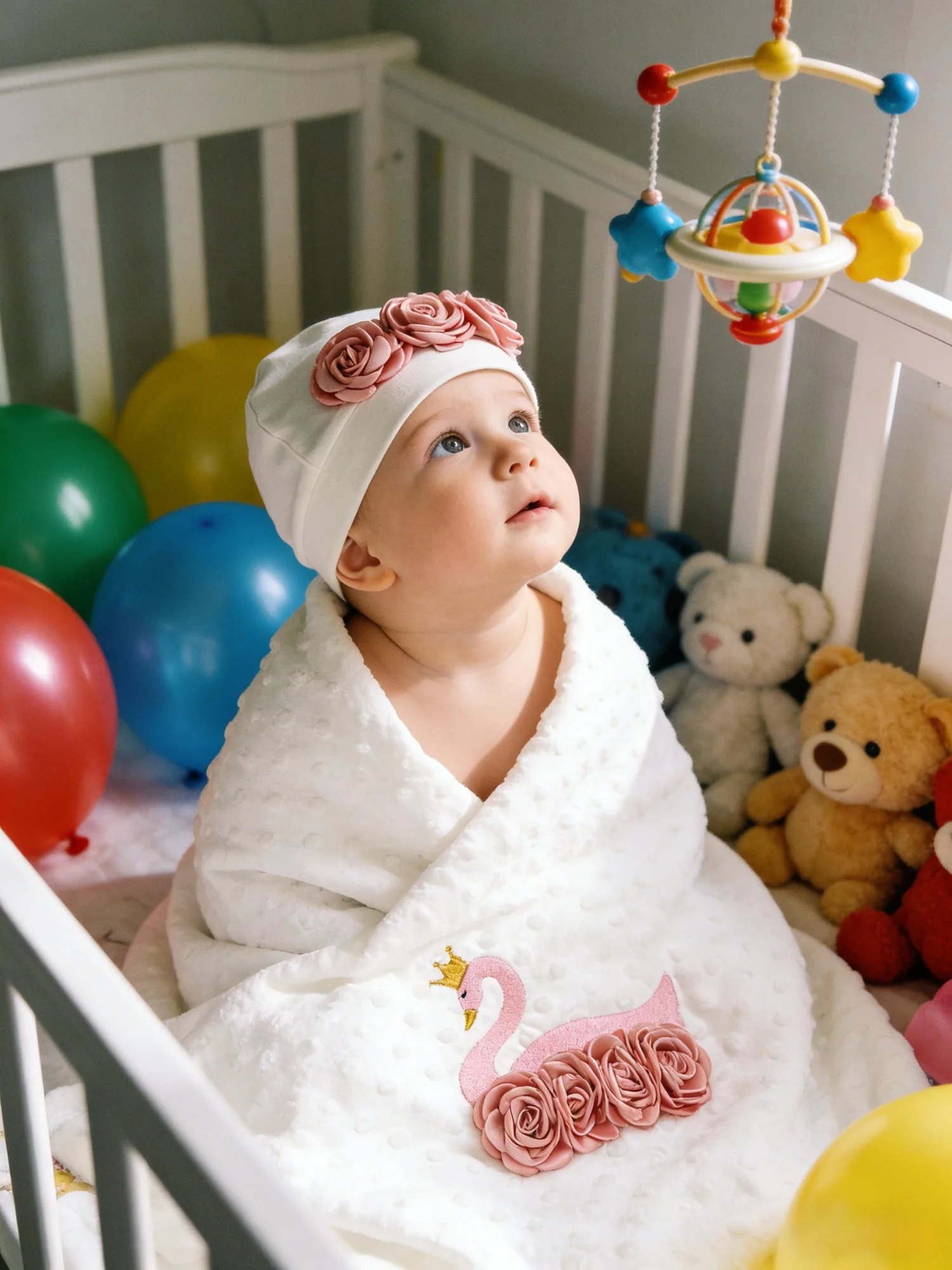 copertina-e-cappellino-per-neonata-con-cigno-rosa-morbido-tessuto-minky-a-pois-design-floreale-a-rose-regalo-per-baby-shower